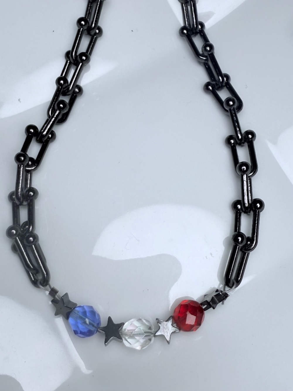 Red White Blue Beaded With Hematite Stars Necklace on Gunmetal Chain